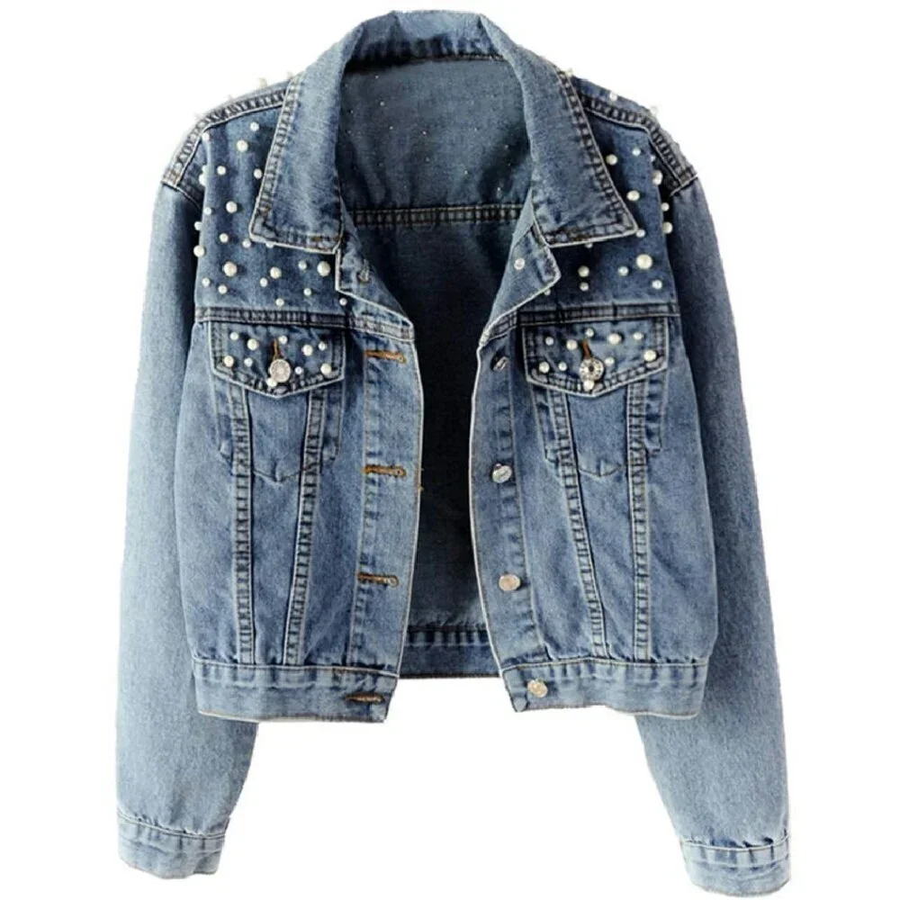Oversized Denim Jacket with Pearl Beading, Distressed Wash, Customizable